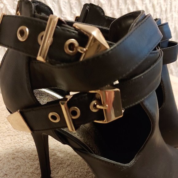Gold Studded Double Ankle Strap Bootie Heels, Back Zip - Picture 3 of 8